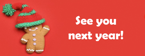 Gingerbread man cookie in a waving pose wearing a red and green knitted hat with a green pompom on the top, all on a red background. To the right, the words See you next year!